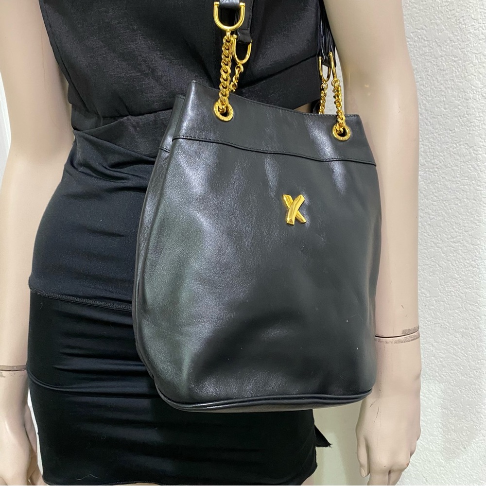Vintage PALOMA PICASSO Italian Black Leather Gold Chain Handle Shoulder Bag